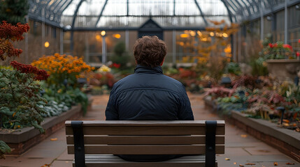 Man Sitting On Bench In Autumn Greenhouse