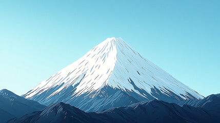 Snow-capped mountain peak rises above a dark rugged mountain range against a clear light blue sky.