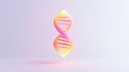 A vibrant 3D model of a DNA double helix floats in a light space, featuring a smooth gradient of pink and orange hues. The design highlights its structure and complexity.