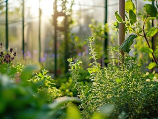 Sunlit Herb Garden, A Flourishing Greenhouse Ecosystem in Soft Focus