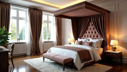 High ceiling with tufted velvet headboard and canopy bed, canopy bed, bedroom furniture