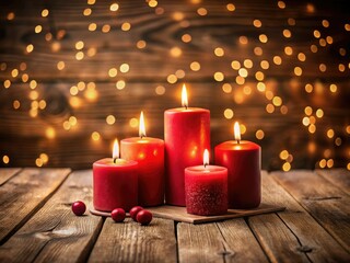 Romantic candlelight glows, soft focus bokeh on warm wooden backdrop, festive holiday ambiance.