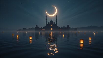 “A calm water scene at night with a floating crescent moon and a stylized mosque above the water. The entire scene is reflected in the rippling surface, doubling the crescent and mosque silhouettes.