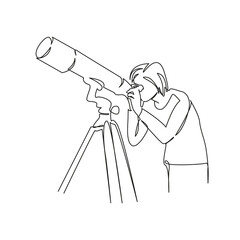One continuous single drawing line art flat doodle woman astronomy telescope exploration astronomer science scientist. Isolated image hand draw contour on a white background, hand drawn, not AI