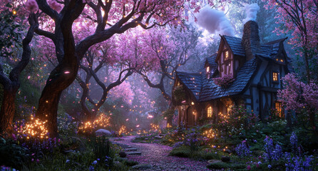 Obraz premium Blossoming cherry trees create a vibrant atmosphere around a quaint cottage nestled in a mystical forest. Soft lights twinkle among blooming flowers at dusk.