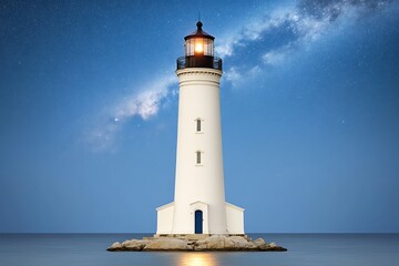 Obraz premium White lighthouse shines at night on small rock island, Milky Way backdrop, navigation symbol
