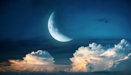 the moon and crescent are featured in the sky with clouds