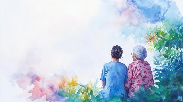 Dementia care training, memory support therapy, compassionate healthcare, watercolor style