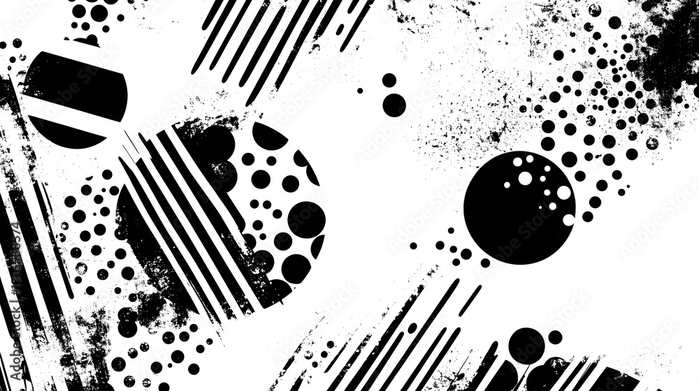 Poster Striking Monochrome Geometric Patterns in Abstract Digital Artwork  Dynamic minimalist design with repeating shapes lines and dots creating a visually captivating contemporary composition