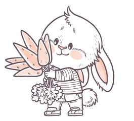 Cute cartoon white bunny holds a huge bunch of ripe carrots in his paws line art