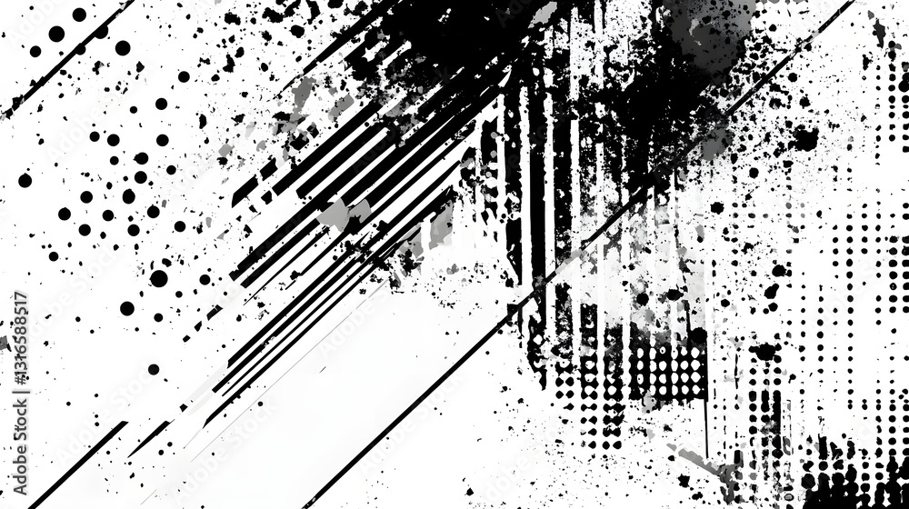 Poster striking monochrome grunge splash abstract graphic art design with dynamic ink blots particles and g