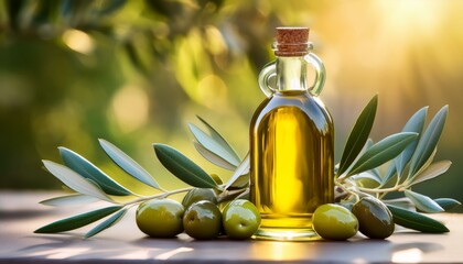 Twisting olives and leaves embrace a glass olive oil bottle against a lush green backdrop