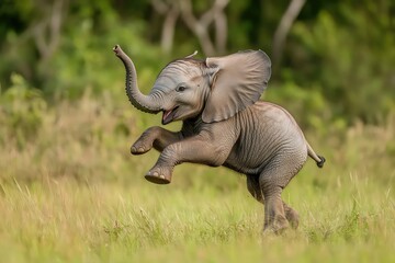 Obraz premium A playful elephant calf bouncing in excitement, isolated.