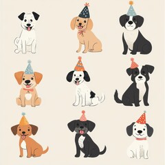 Obraz premium Nine happy canine illustrations wearing birthday hats and celebrating together