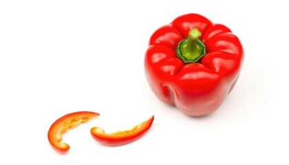 Single vibrant red bell pepper, perfectly isolated on pure white background, studio shot, bright