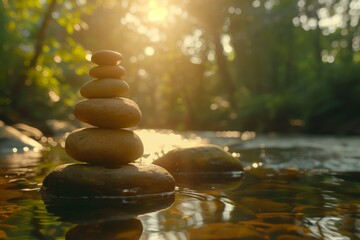 Obraz premium Stones of balance pyramid on the forest river background. Balance and harmony concept. Photo with space for text.