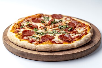 Delicious Pepperoni Pizza on Wooden Board, Close-Up Food Photography