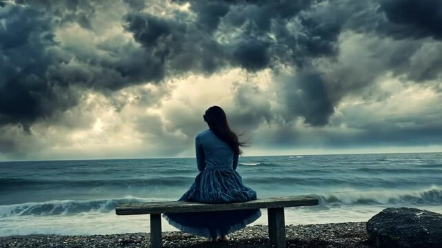 Woman sits alone on beach, stormy sky, contemplating. Possible use stock photo, poster, social media post