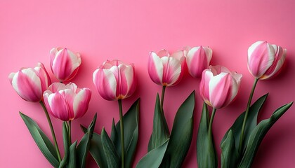 Fototapeta premium Elegant close-up of pink and white tulips on a soft pink background, perfect for spring invitations, Mother's Day, or floral decor.