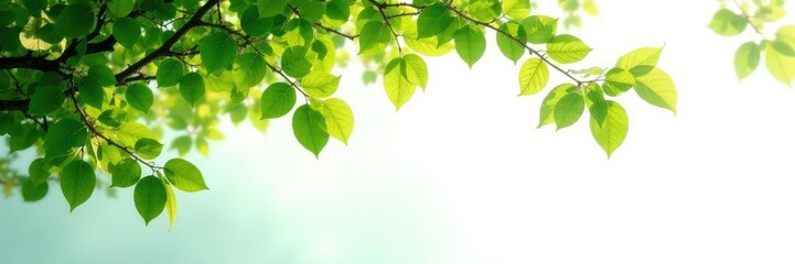 Fototapeta premium Tree branches with leaves isolated on white background, green, white, forest