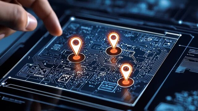 Hand Interacting with Digital Circuit Board Interface and Location Markers on Futuristic Technology Display for Geolocation and Mapping Solutions