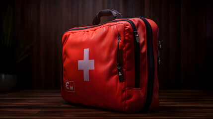 Red first aid kit bag with white cross on display