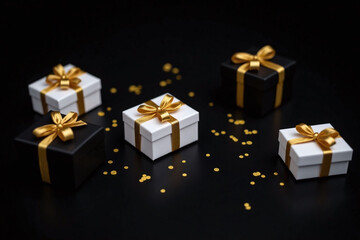 black and white gift boxes with gold ribbons and confetti
