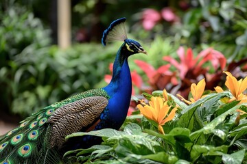 Naklejka premium A peacock fanning out its colorful tail feathers in a lush garden