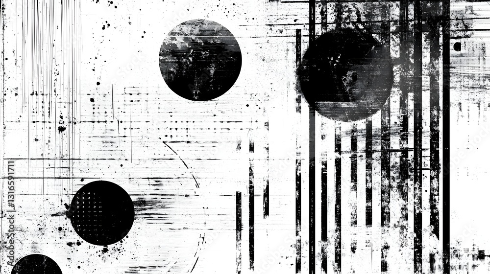 Leinwandbilder Surreal and futuristic digital art composition featuring three distorted spheres or orbs in motion surrounded by dynamic lines glitchy patterns and pixelated textures in a monochrome abstract