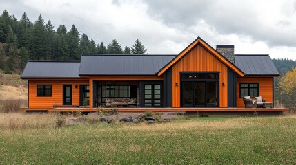 Obraz premium Contemporary mountain home with cedar siding and natural landscape