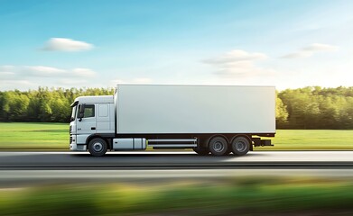 Fast White Box Truck Driving on a Country Road, Logistics and Transportation
