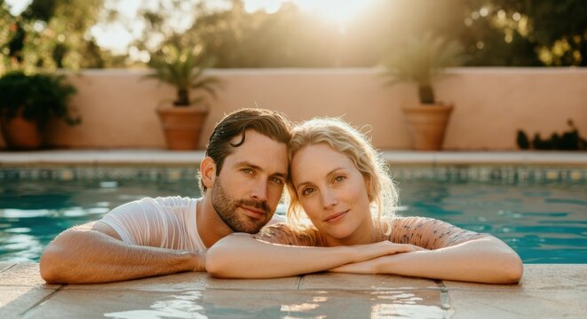 Young caucasian couple relaxing poolside at sunset