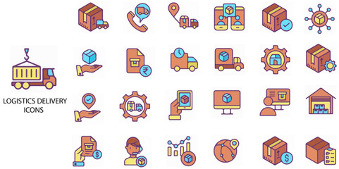 Obraz premium Logistics Delivery simple concept 24 colour icons set. Contains such Shipping, logistics, delivery, product, distribution, factory, warehouse, box, industry and shipment .Vector illustration.