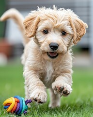 A playful puppy chasing its tail in a sunny backyard, with a colorful toy nearby