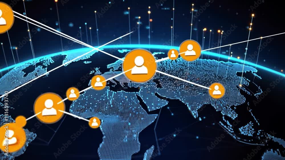 Poster global network connection with user icon highlighting digital communication and data exchange in the