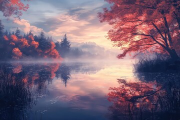 A quiet lake reflecting autumnâ€™s fiery colors, frost forming along its edges.