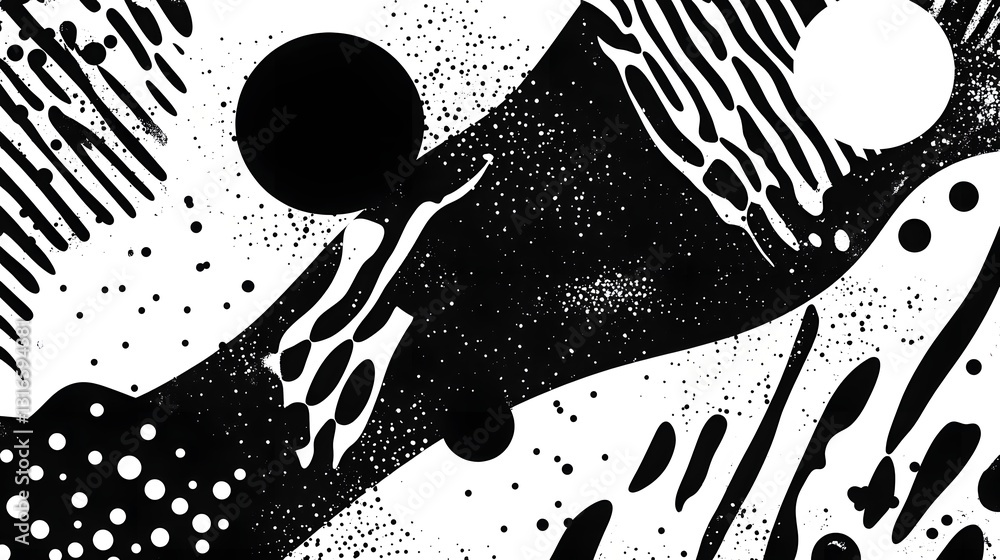 Poster This striking abstract geometric artwork features a contemporary digital pattern with flowing black and white shapes creating a bold minimalist and visually captivating composition  The clean