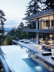 Fototapeta premium Contemporary cliffside residence with infinity pool overlooking serene landscape