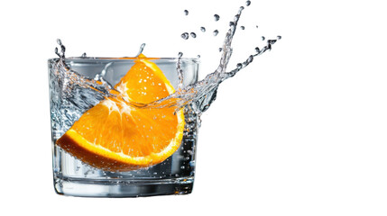 "A fresh orange segment splashing into a glass of water, isolated on transparent background, with droplets surrounding the segment.