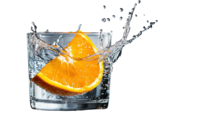 "A fresh orange segment splashing into a glass of water, isolated on transparent background, with droplets surrounding the segment.