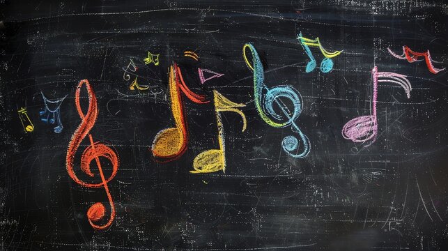 Colorful musical notes drawn in chalk on a blackboard.