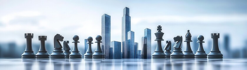 Abstract illustration of chess pieces morphing into skyscrapers, symbolizing business strategy and growth