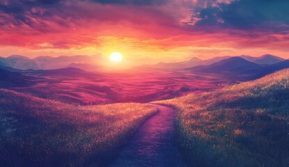Obraz premium Serene Sunset Landscape Path Leading to Vibrant Mountains & Colorful Sky