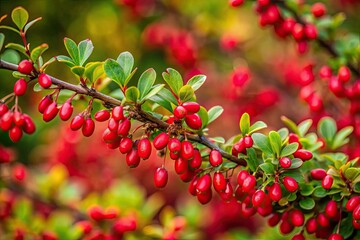 Obraz premium Thorny red barberry branches, a close-up macro revealing vibrant green leaves and wild berries.