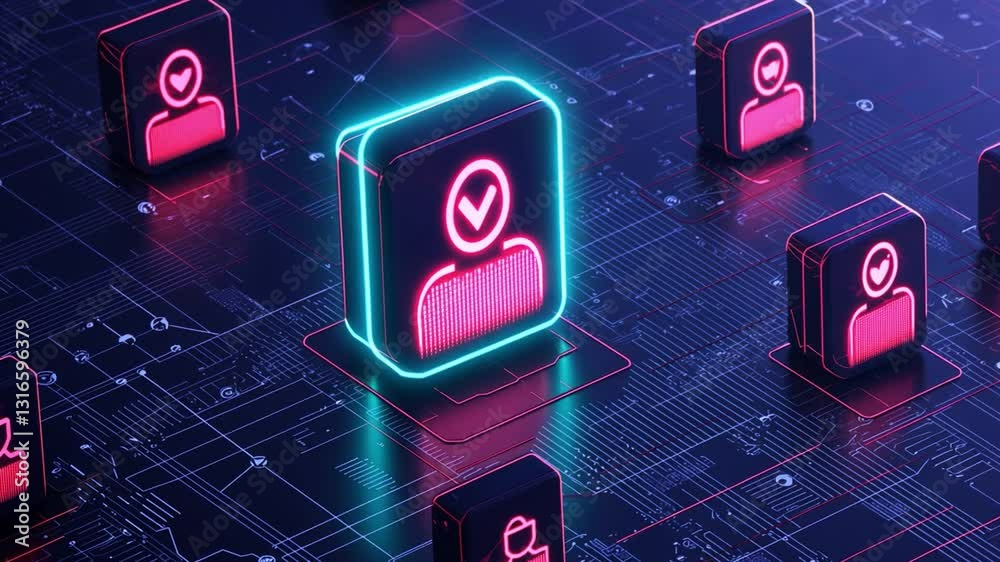 Poster digital network concept with glowing user icons and verification symbols representing social media c