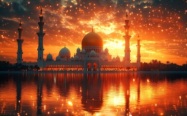 Fototapeta premium Sunset Over a Grand Mosque with a Golden Dome Reflecting in Water