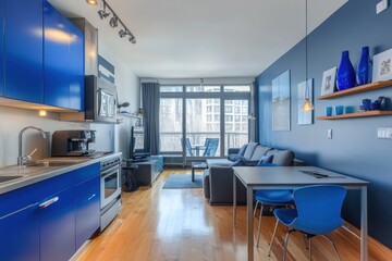 Modern apartment interior with blue kitchen cabinets, gray sofa, and dining area.