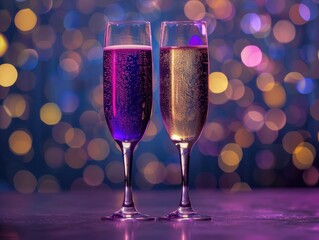 Two sparkling champagne flutes with colorful bokeh background celebration