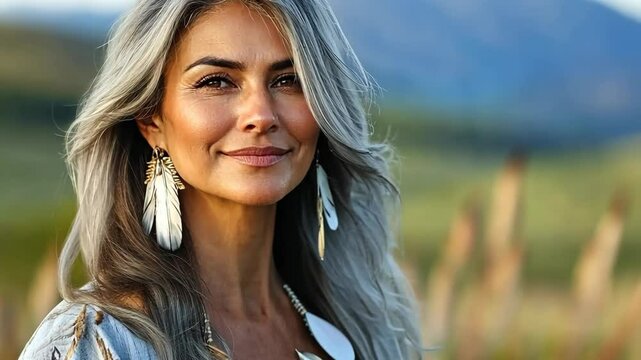 charming middle age Native American woman wearing elegance tribal with feather earrings looking at camera standing at grassland field 