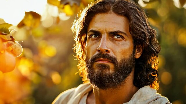 Jesus Christ at under fig tree full of fruit with sunlight